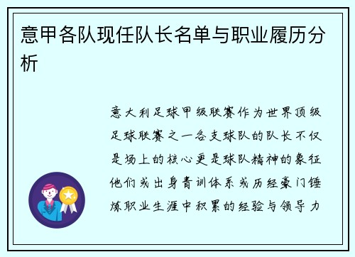 意甲各队现任队长名单与职业履历分析
